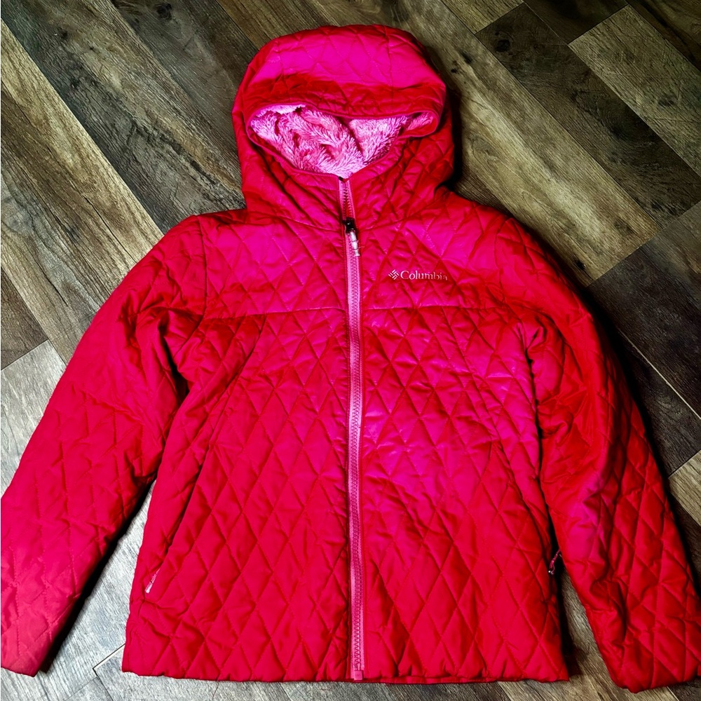 Columbia Quilted ButterFly Lodge Coat JACKET Girls Small Sz 6-7 PINK Winter